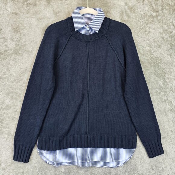Lauren Ralph Lauren Sweater Womens Medium Navy Blue Striped Shirt Layered Look - Picture 1 of 14